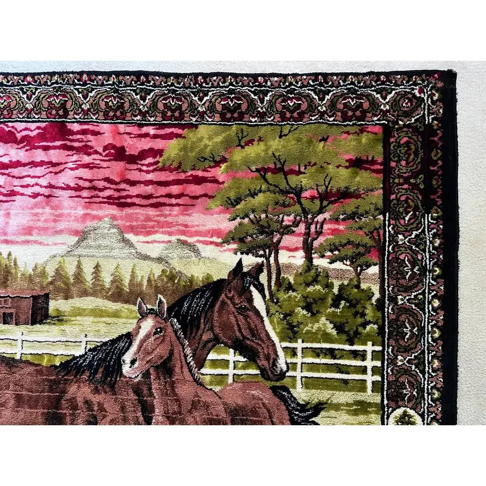 Large VTG 1970s Horse Tapestry Landscape Equestrian Farm Stable Made in Lebanon